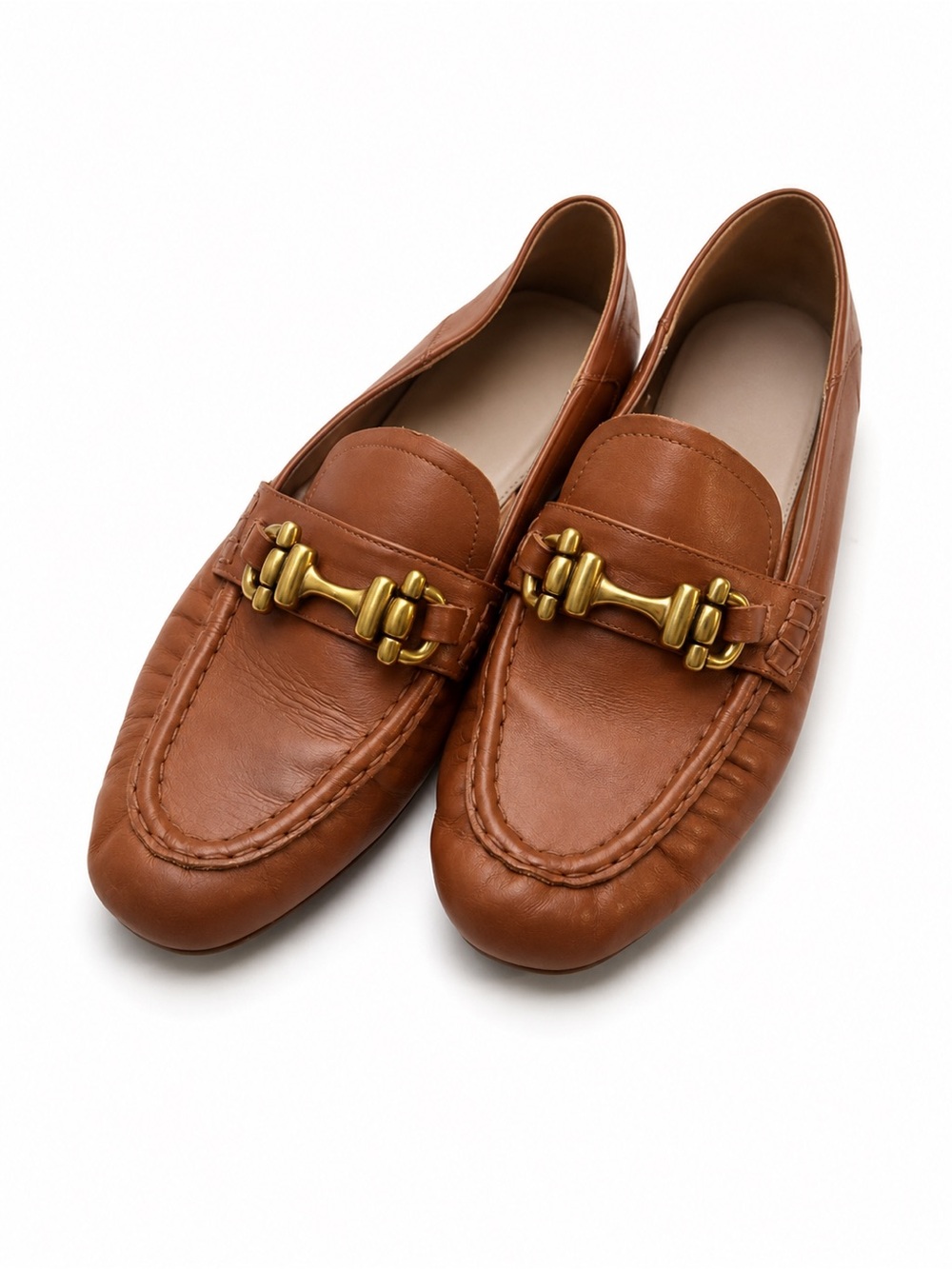 Uterque Women's Brown Leather Loafers with Gold Horsebit 39 / 8.5 Massimo Dutti